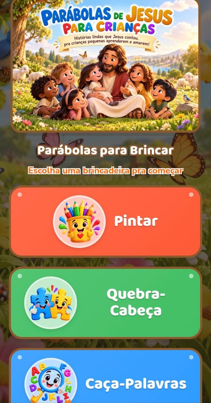 Tela inicial do App Parábolas de Jesus para Crianças com os modos Pintar, Quebra-Cabeça e Caça-Palavras